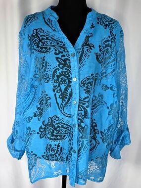 Turquoise Paisley Sheer Blouse Women Large Blue Button Front Lightweight Boho